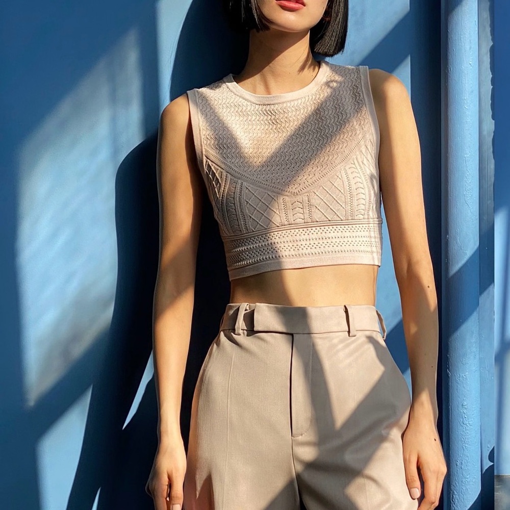Aritzia Babaton 2XS Pointelle Sleeveless Sweater Knit Crop Top in Cream Beige